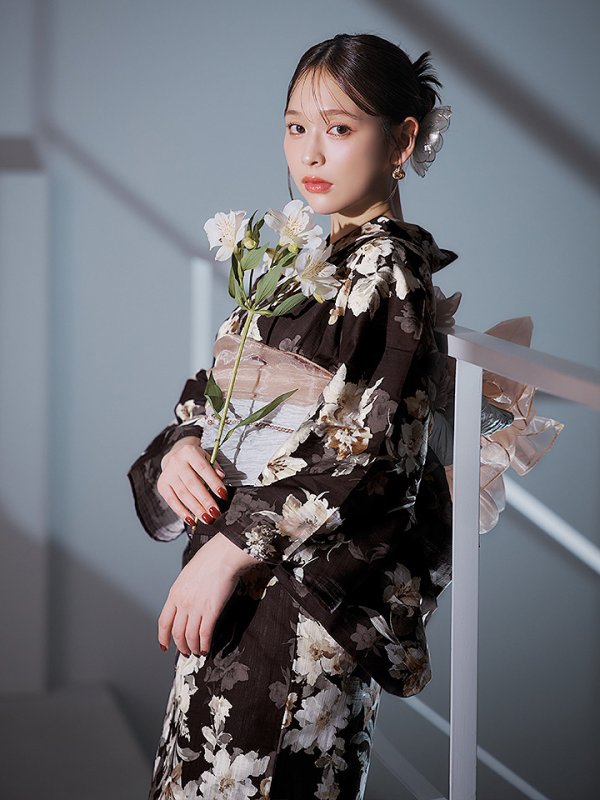 画像12: 【即日発送】ブラウン地の宵染牡丹浴衣【浴衣３点セット 浴衣/帯/下駄】[YMT]