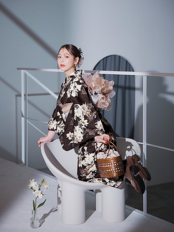 画像13: 【即日発送】ブラウン地の宵染牡丹浴衣【浴衣３点セット 浴衣/帯/下駄】[YMT]