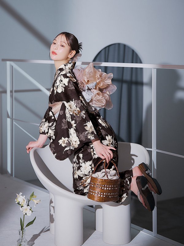 画像14: 【即日発送】ブラウン地の宵染牡丹浴衣【浴衣３点セット 浴衣/帯/下駄】[YMT]