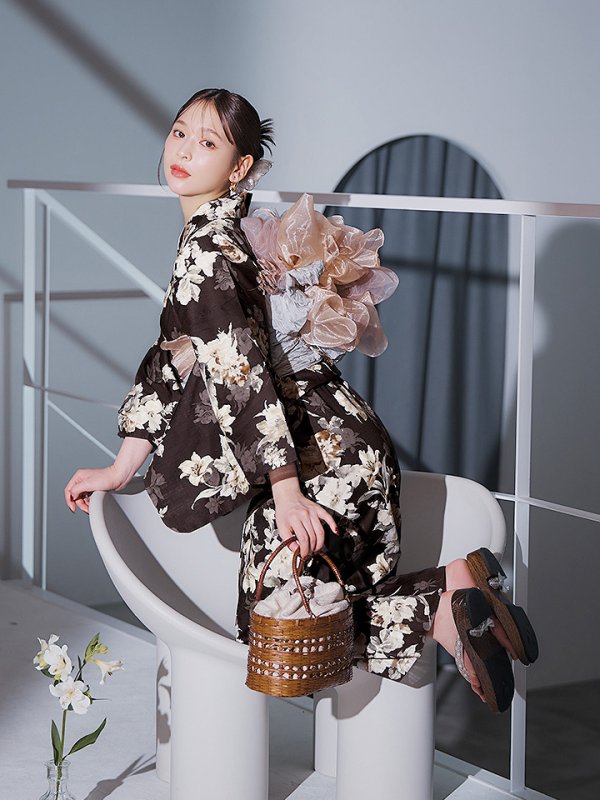 画像15: 【即日発送】ブラウン地の宵染牡丹浴衣【浴衣３点セット 浴衣/帯/下駄】[YMT]