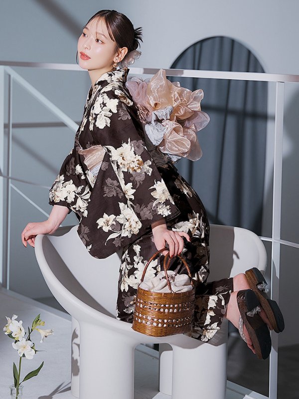 画像16: 【即日発送】ブラウン地の宵染牡丹浴衣【浴衣３点セット 浴衣/帯/下駄】[YMT]