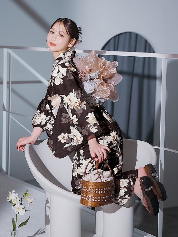 画像17: 【即日発送】ブラウン地の宵染牡丹浴衣【浴衣３点セット 浴衣/帯/下駄】[YMT]