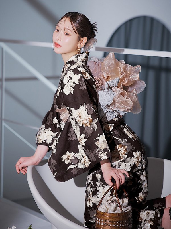 画像18: 【即日発送】ブラウン地の宵染牡丹浴衣【浴衣３点セット 浴衣/帯/下駄】[YMT]