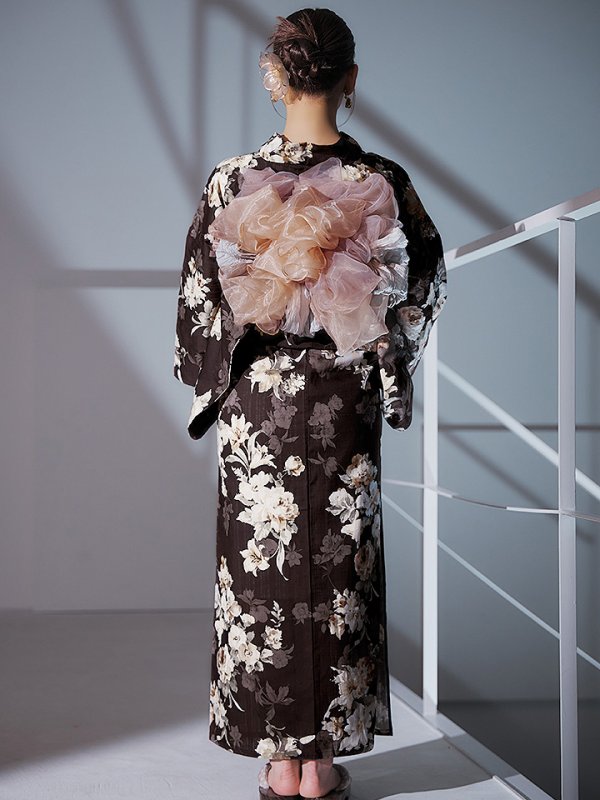 画像19: 【即日発送】ブラウン地の宵染牡丹浴衣【浴衣３点セット 浴衣/帯/下駄】[YMT]