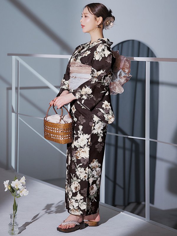 画像3: 【即日発送】ブラウン地の宵染牡丹浴衣【浴衣３点セット 浴衣/帯/下駄】[YMT]