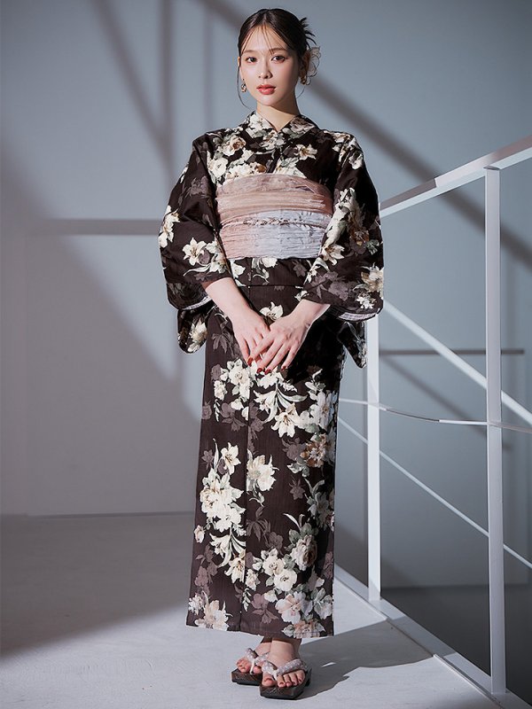 画像4: 【即日発送】ブラウン地の宵染牡丹浴衣【浴衣３点セット 浴衣/帯/下駄】[YMT]