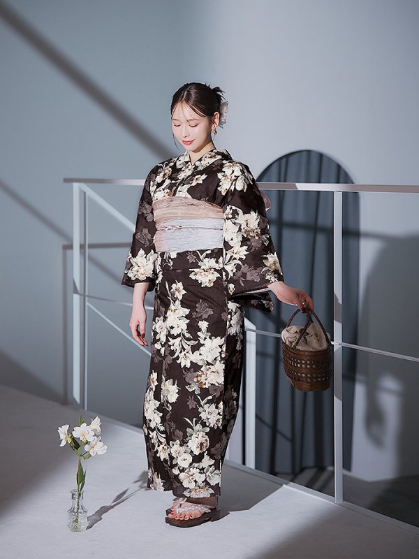 画像5: 【即日発送】ブラウン地の宵染牡丹浴衣【浴衣３点セット 浴衣/帯/下駄】[YMT]