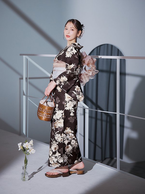 画像6: 【即日発送】ブラウン地の宵染牡丹浴衣【浴衣３点セット 浴衣/帯/下駄】[YMT]