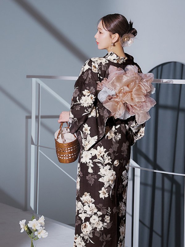 画像8: 【即日発送】ブラウン地の宵染牡丹浴衣【浴衣３点セット 浴衣/帯/下駄】[YMT]