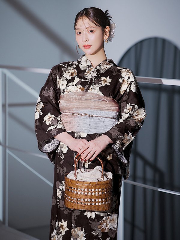 画像9: 【即日発送】ブラウン地の宵染牡丹浴衣【浴衣３点セット 浴衣/帯/下駄】[YMT]