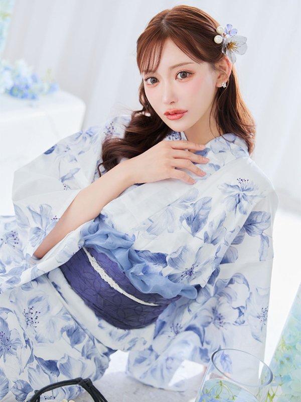 画像1: モダンフラワー大人エレガント浴衣 OBI-g-500-kj-9-NV / HIMO-906-yn-IV / HEKO-800-sb-8-DusBL / YA-1016-kj-GY / GETA-01-kj-2-BL/ [YMT]