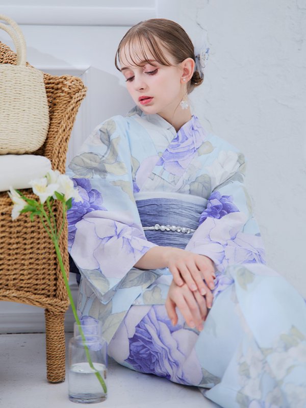 画像2: アンティークブルーローズ浴衣 OBI-g-500-kj-9-NV / HIMO-906-yn-PEARL / HEKO-800-sb-5-W / YA-1001-kj-BL / GETA-02-ok-2-IV/ [YMT]