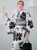 モノトーンフラワーレトロモダン浴衣 OBI-hira-100-ok-5-GYxSV / HIMO-900-yn-1-B / HEKO-800-sb-5-W / YA-1086-wk-B / GETA-01-kj-3-IV/ [YMT]
