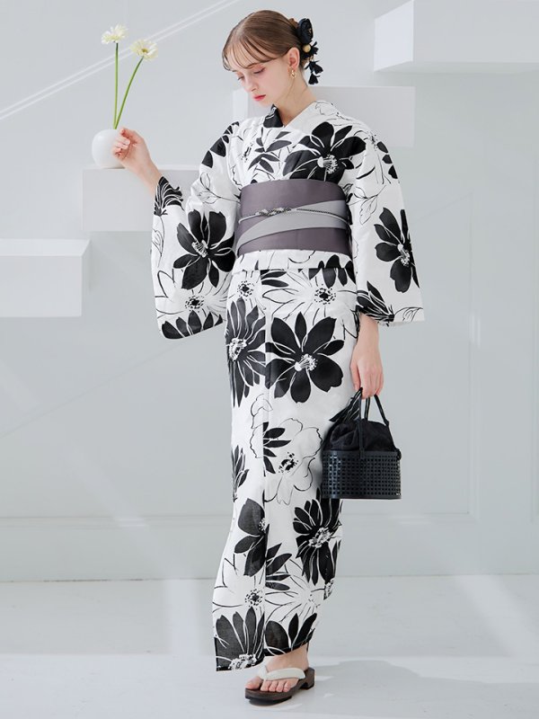 画像38: 【即日発送】モノトーンフラワーレトロモダン浴衣【浴衣３点セット 浴衣/帯/下駄】[YMT]