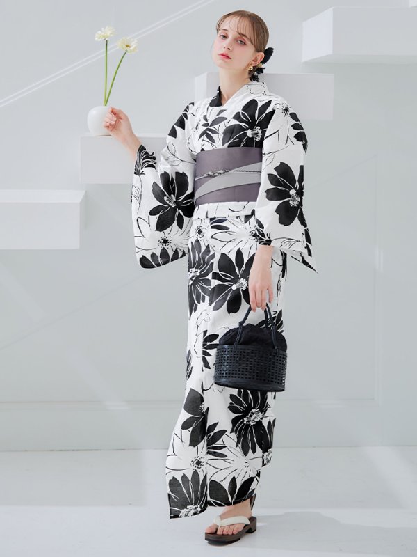 画像39: 【即日発送】モノトーンフラワーレトロモダン浴衣【浴衣３点セット 浴衣/帯/下駄】[YMT]