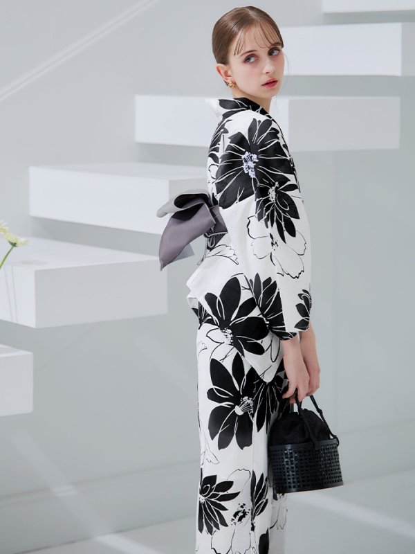 画像40: 【即日発送】モノトーンフラワーレトロモダン浴衣【浴衣３点セット 浴衣/帯/下駄】[YMT]