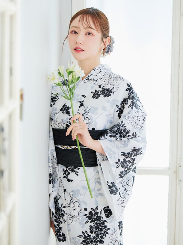 画像3: 【即日発送】ホワイトブラック桜柄浴衣 【浴衣3点セット 浴衣/帯/下駄】 [YMT/o]