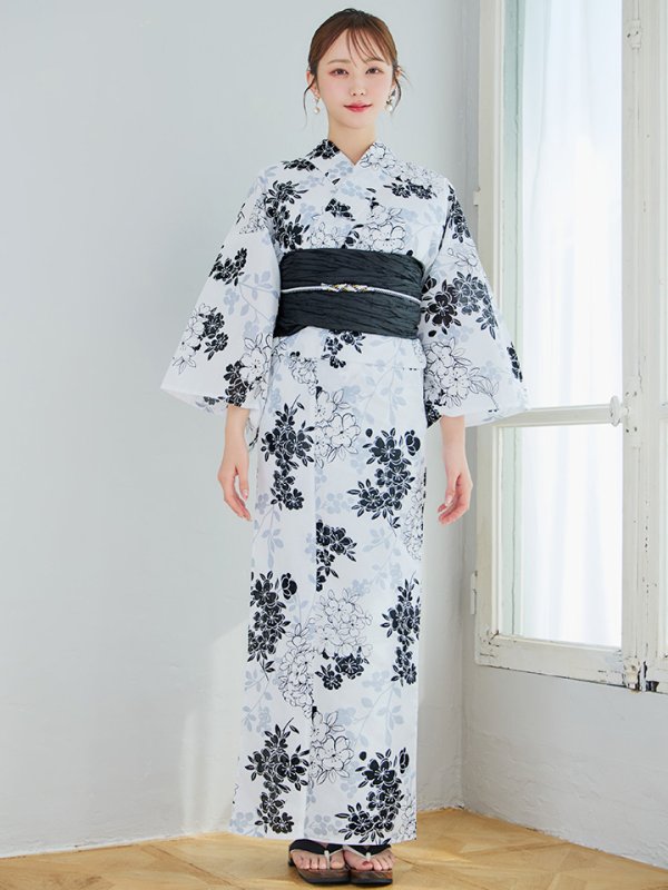 画像4: 【即日発送】ホワイトブラック桜柄浴衣 【浴衣3点セット 浴衣/帯/下駄】 [YMT/o]