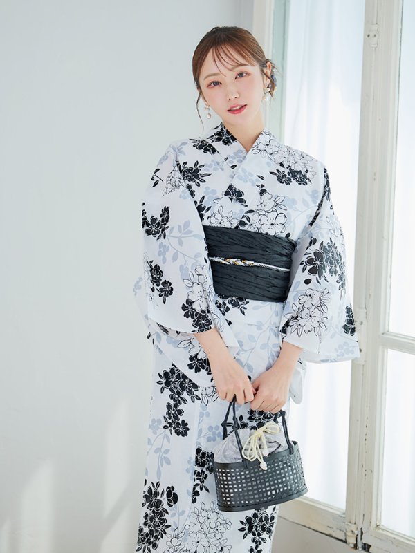 画像6: 【即日発送】ホワイトブラック桜柄浴衣 【浴衣3点セット 浴衣/帯/下駄】 [YMT/o]