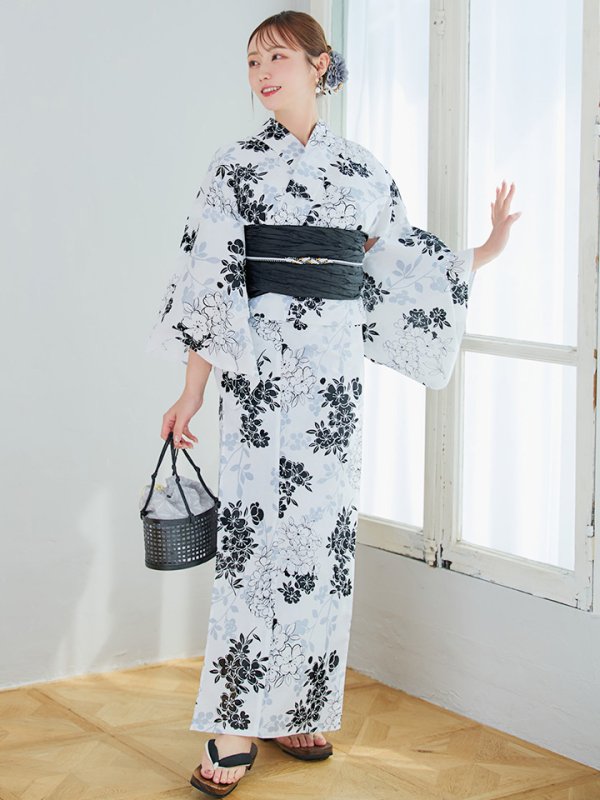 画像7: 【即日発送】ホワイトブラック桜柄浴衣 【浴衣3点セット 浴衣/帯/下駄】 [YMT/o]