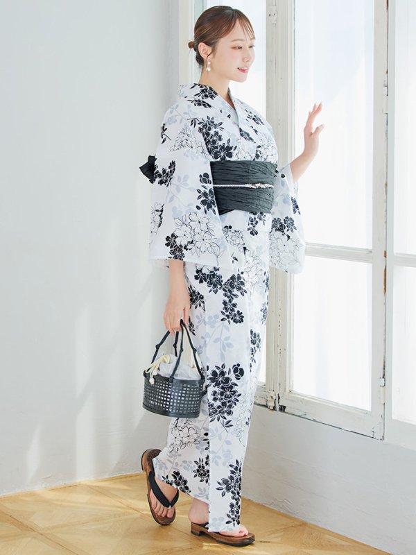 画像8: 【即日発送】ホワイトブラック桜柄浴衣 【浴衣3点セット 浴衣/帯/下駄】 [YMT/o]