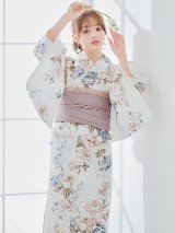 【予約 / 5月下旬発送予定】フローラルピンクブルー浴衣 OBI-siwa-204-wk-14-DusP / HIMO-900-yn-8-P / HEKO-800-sb-11-MOC / YA-1077-wk-P / GETA-02-ok-8-RoseP/ [y/OF01]