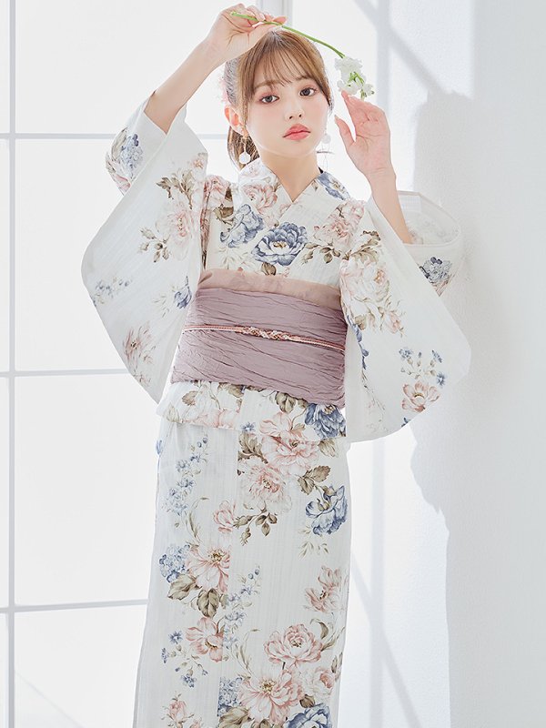 画像1: 【予約 / 5月下旬発送予定】フローラルピンクブルー浴衣 OBI-siwa-204-wk-14-DusP / HIMO-900-yn-8-P / HEKO-800-sb-11-MOC / YA-1077-wk-P / GETA-02-ok-8-RoseP/ [y/OF01]