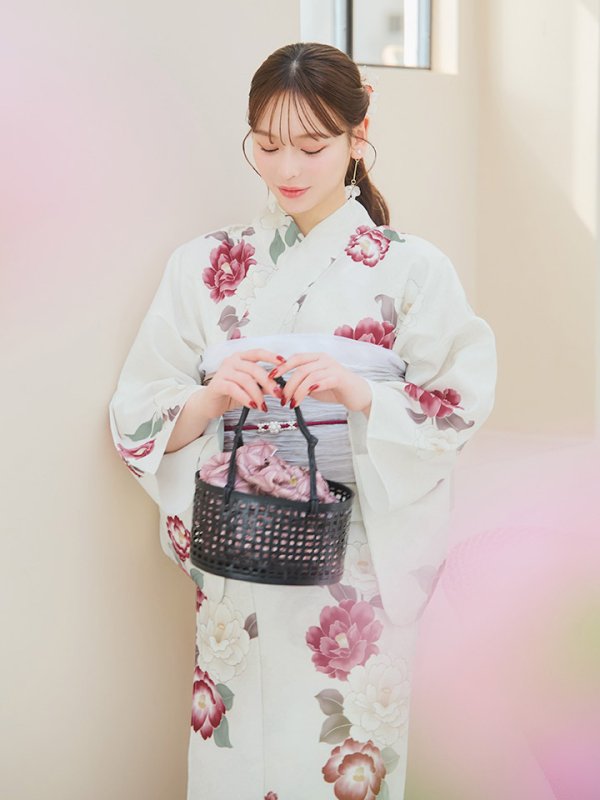 画像11: 【即日発送】白紅椿柄浴衣【浴衣３点セット 浴衣/帯/下駄】[YMT]