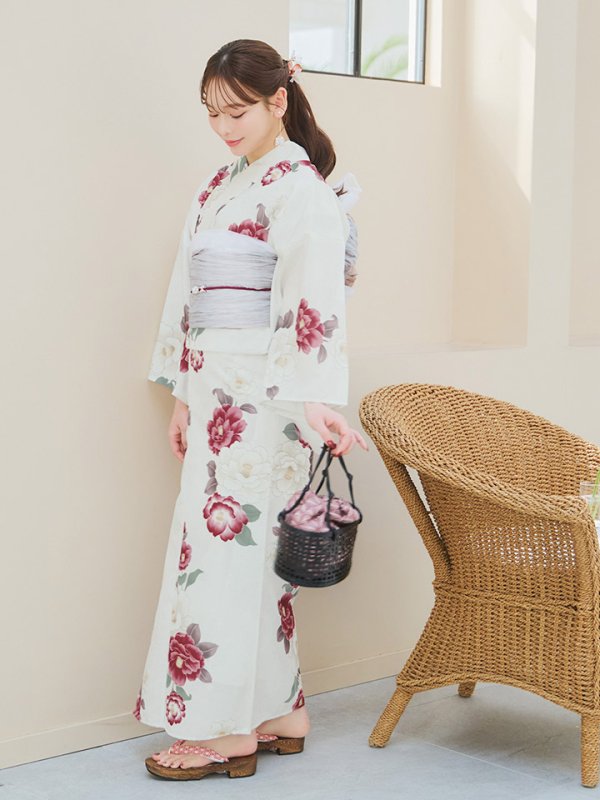 画像14: 【即日発送】白紅椿柄浴衣【浴衣３点セット 浴衣/帯/下駄】[YMT]