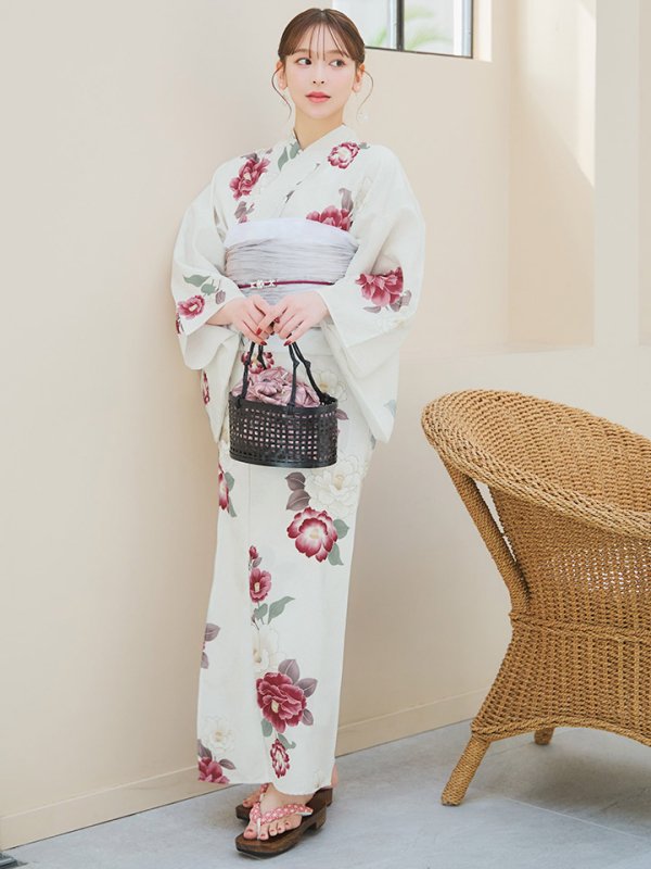 画像7: 【即日発送】白紅椿柄浴衣【浴衣３点セット 浴衣/帯/下駄】[YMT]