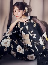 【予約 / 5月下旬発送予定】ピオニーブラック花柄浴衣 OBI-siwa-202-ok-2-PBE / HIMO-900-yn-1-B / HEKO-800-sb-11-MOC / YA-1066-kj-IV / GETA-02-ok-4-MOC/ [yo/OF01]