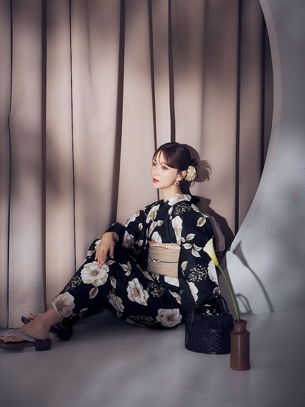 画像10: 【即日発送】ピオニーブラック花柄浴衣【浴衣３点セット 浴衣/帯/下駄】[YMT]