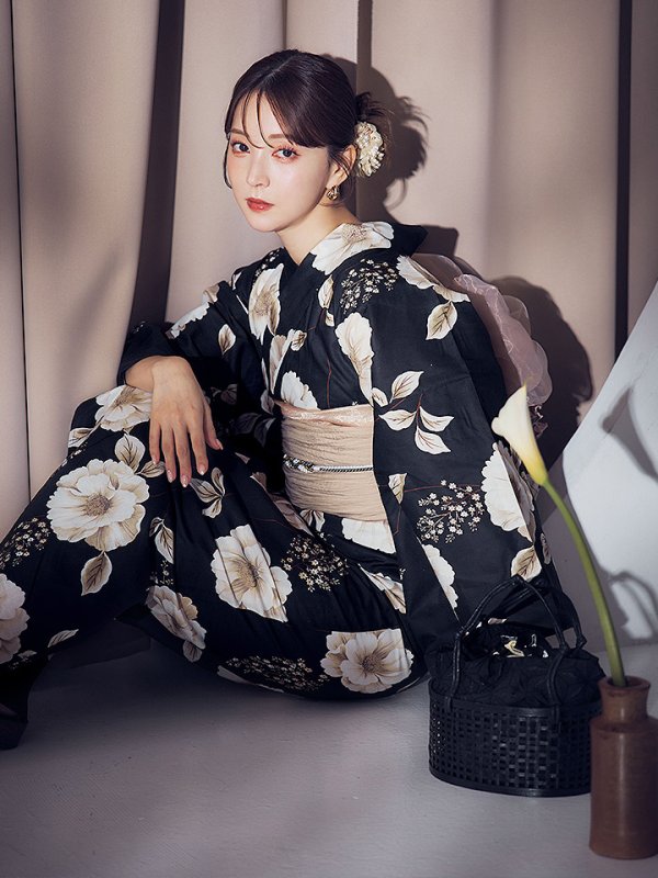 画像12: 【即日発送】ピオニーブラック花柄浴衣【浴衣３点セット 浴衣/帯/下駄】[YMT]