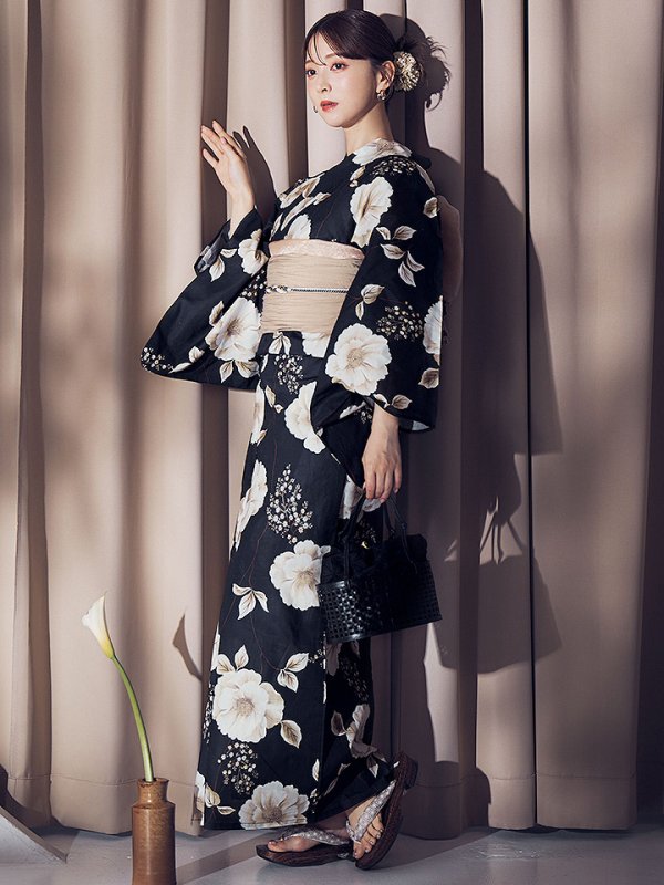 画像3: 【即日発送】ピオニーブラック花柄浴衣【浴衣３点セット 浴衣/帯/下駄】[YMT]