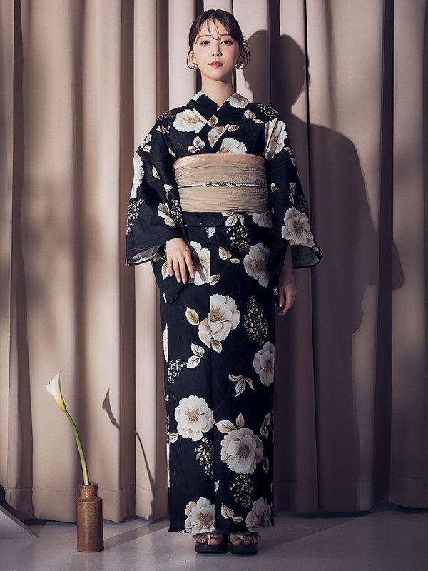 画像4: 【即日発送】ピオニーブラック花柄浴衣【浴衣３点セット 浴衣/帯/下駄】[YMT]