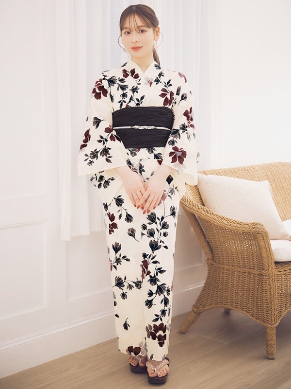 画像4: 【即日発送】水彩和モダン花柄浴衣 【浴衣3点セット 浴衣/帯/下駄】 [YMT/o]