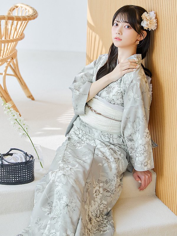 画像12: 【即日発送】クラシカルグレイッシュフラワー浴衣【浴衣３点セット 浴衣/帯/下駄】[YMT]