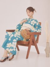 【予約 / 5月下旬発送予定】浅葱色花柄浴衣 OBI-siwa-204-wk-12-OW / HIMO-900-yn-2-DusBL / HEKO-800-sb-5-W / YA-1072-kn-W / GETA-02-ok-1-BL / [y/OF01]