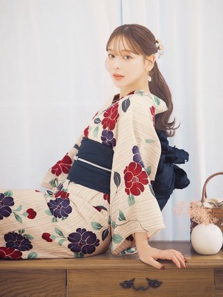 ストライプ椿柄浴衣