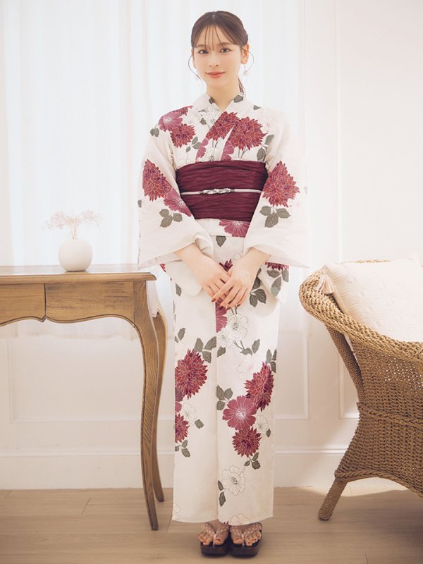 画像4: 【即日発送】紅色菊花柄浴衣【浴衣３点セット 浴衣/帯/下駄】[OF04]