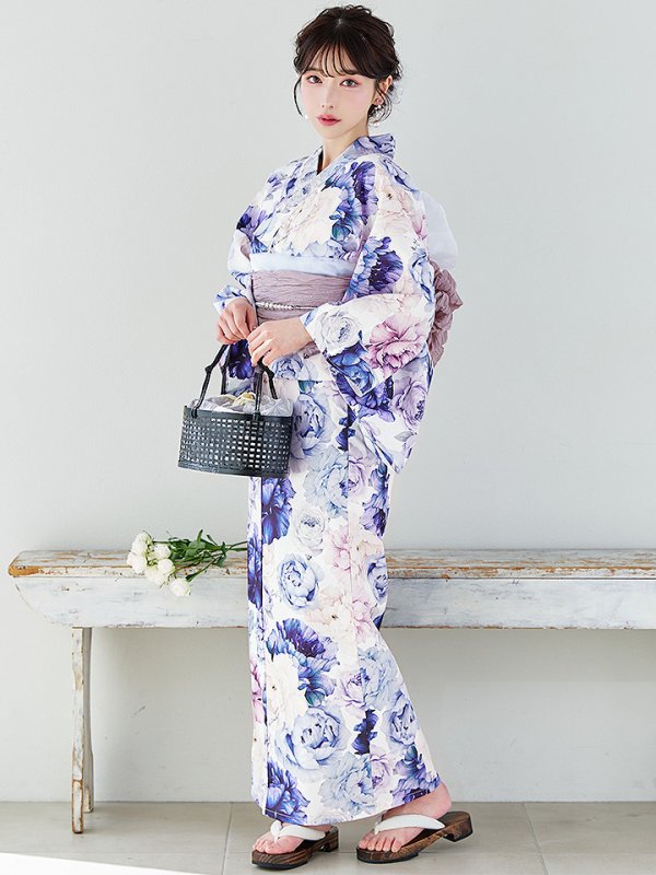 画像1: 【Riuコラボ】【予約/5月中旬発送予定】ブルーアイボリーピオニー浴衣 OBI-siwa-200-kj-11-Rose / HIMO-906-yn-PEARL / HEKO-800-sb-5-WH / YA-1001-kj-BL / YA-1023-wk-P / GETA-01-kj-3-IV [YMT]
