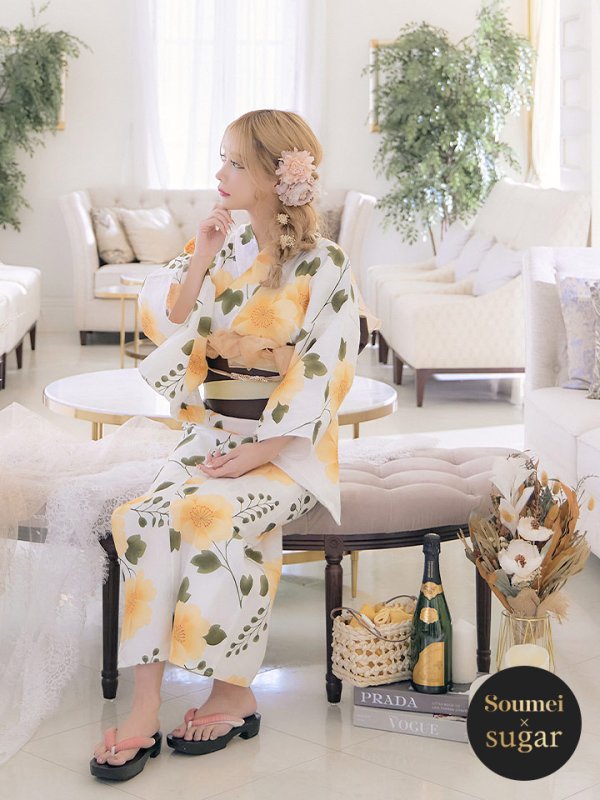 画像3: 【即日発送】【浴衣セール】【浴衣】白地に黄色い花浴衣セット[YMT]