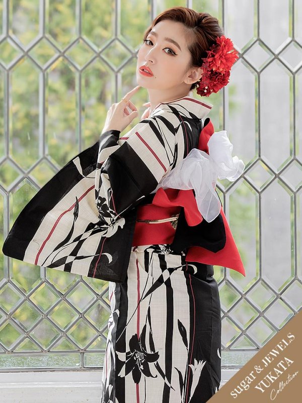 画像1: 【浴衣】ストライプ×百合の花模様浴衣セット(OBI-hira-100-ok-12-RxB/HEKO-800-sb-5-WH/HIMO-900-yn-1-BK / GETA-02-ok-7-R)[YMT]