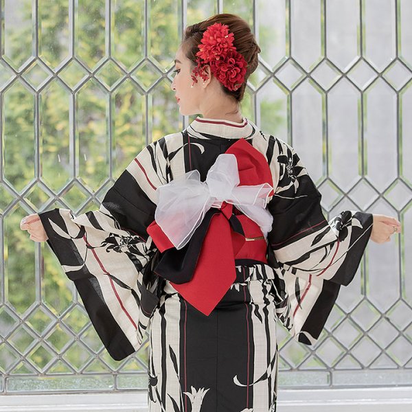 画像5: 【即日発送】【浴衣】ストライプ×百合の花模様浴衣セット[YMT]