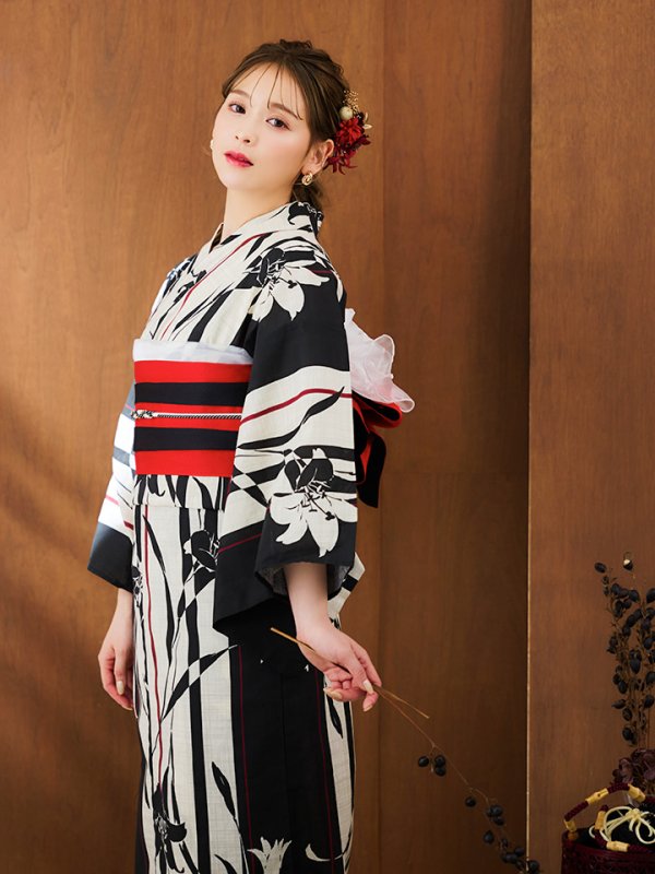 画像10: 【即日発送】【浴衣】ストライプ×百合レトロモダン浴衣 【浴衣３点セット 浴衣/帯/下駄】[YMT]