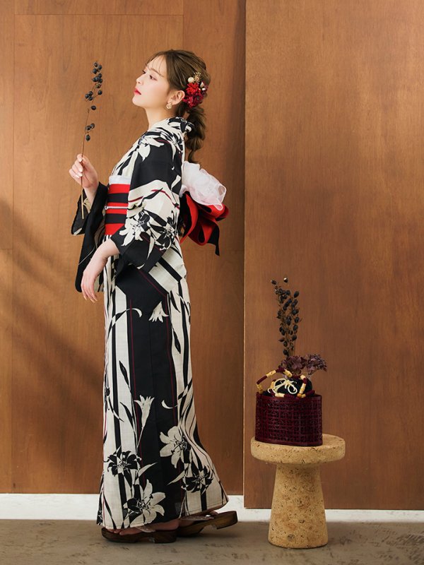 画像11: 【即日発送】【浴衣】ストライプ×百合レトロモダン浴衣 【浴衣３点セット 浴衣/帯/下駄】[YMT]