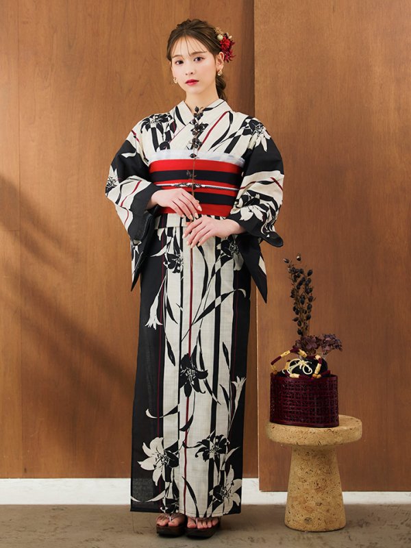画像12: 【即日発送】【浴衣】ストライプ×百合レトロモダン浴衣 【浴衣３点セット 浴衣/帯/下駄】[YMT]