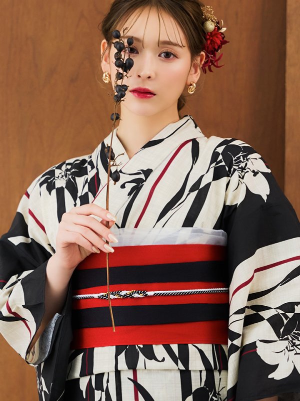 画像15: 【即日発送】【浴衣】ストライプ×百合レトロモダン浴衣 【浴衣３点セット 浴衣/帯/下駄】[YMT]