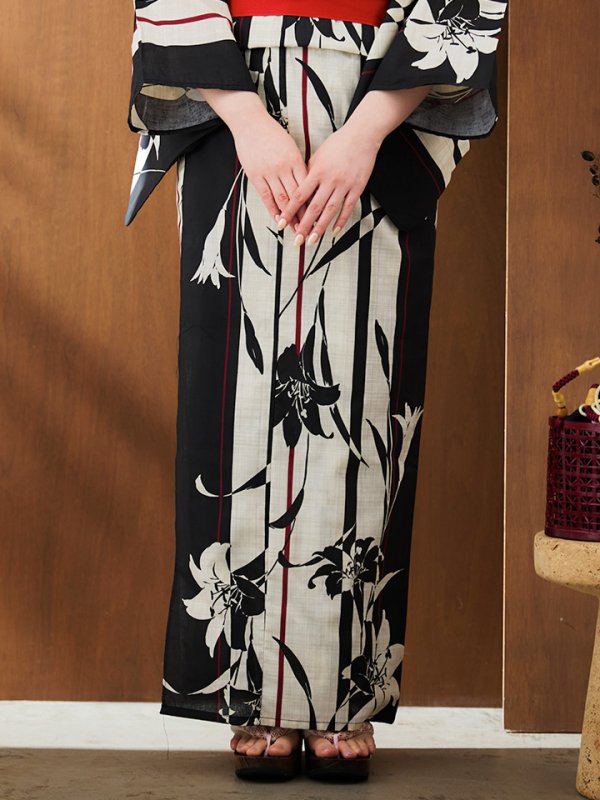 画像16: 【即日発送】【浴衣】ストライプ×百合レトロモダン浴衣 【浴衣３点セット 浴衣/帯/下駄】[YMT]