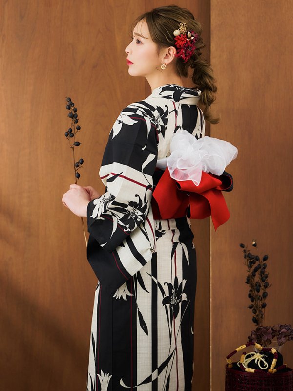 画像3: 【即日発送】【浴衣】ストライプ×百合レトロモダン浴衣 【浴衣３点セット 浴衣/帯/下駄】[YMT]